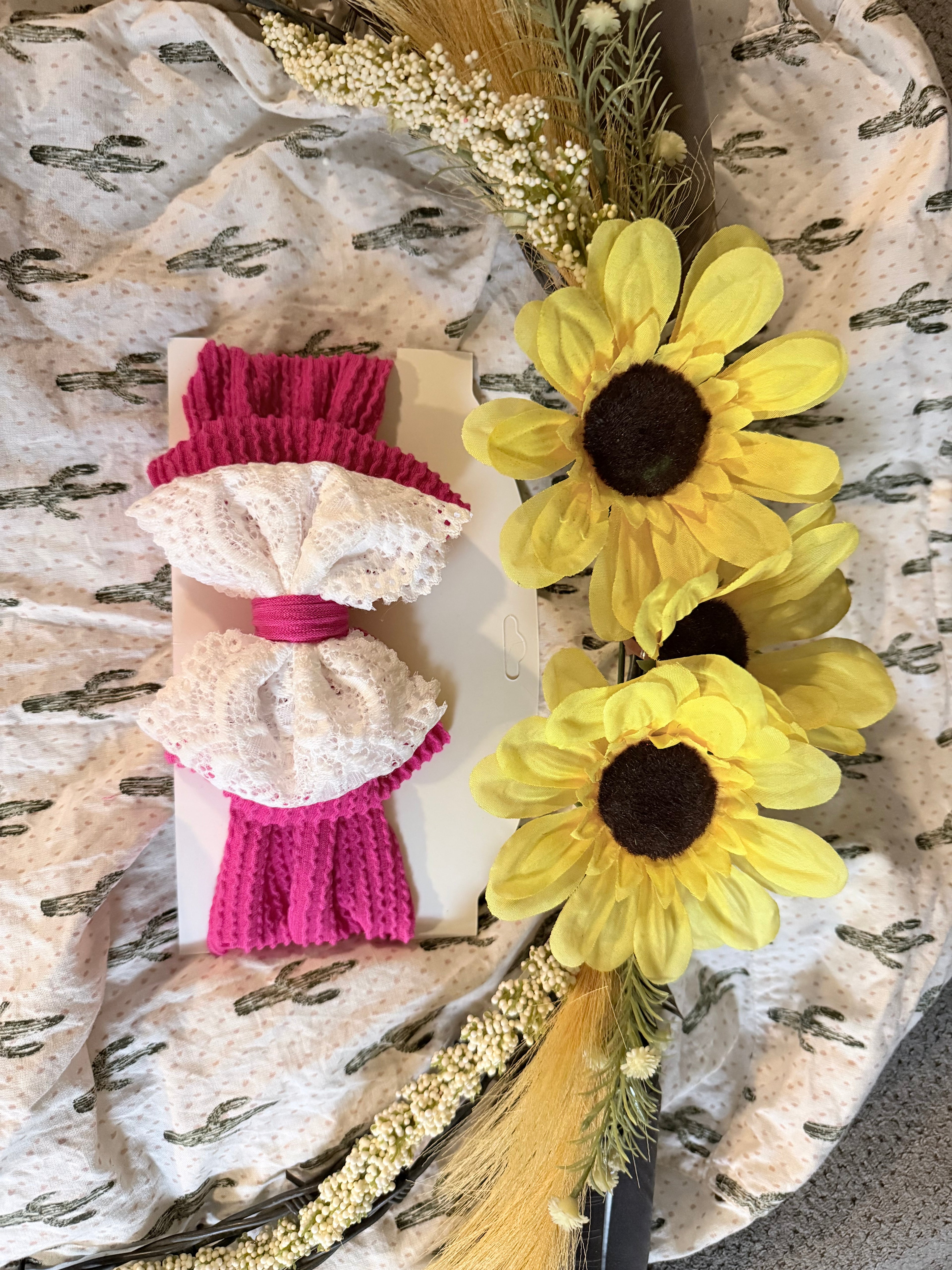 Pink and white lace double bow headwrap