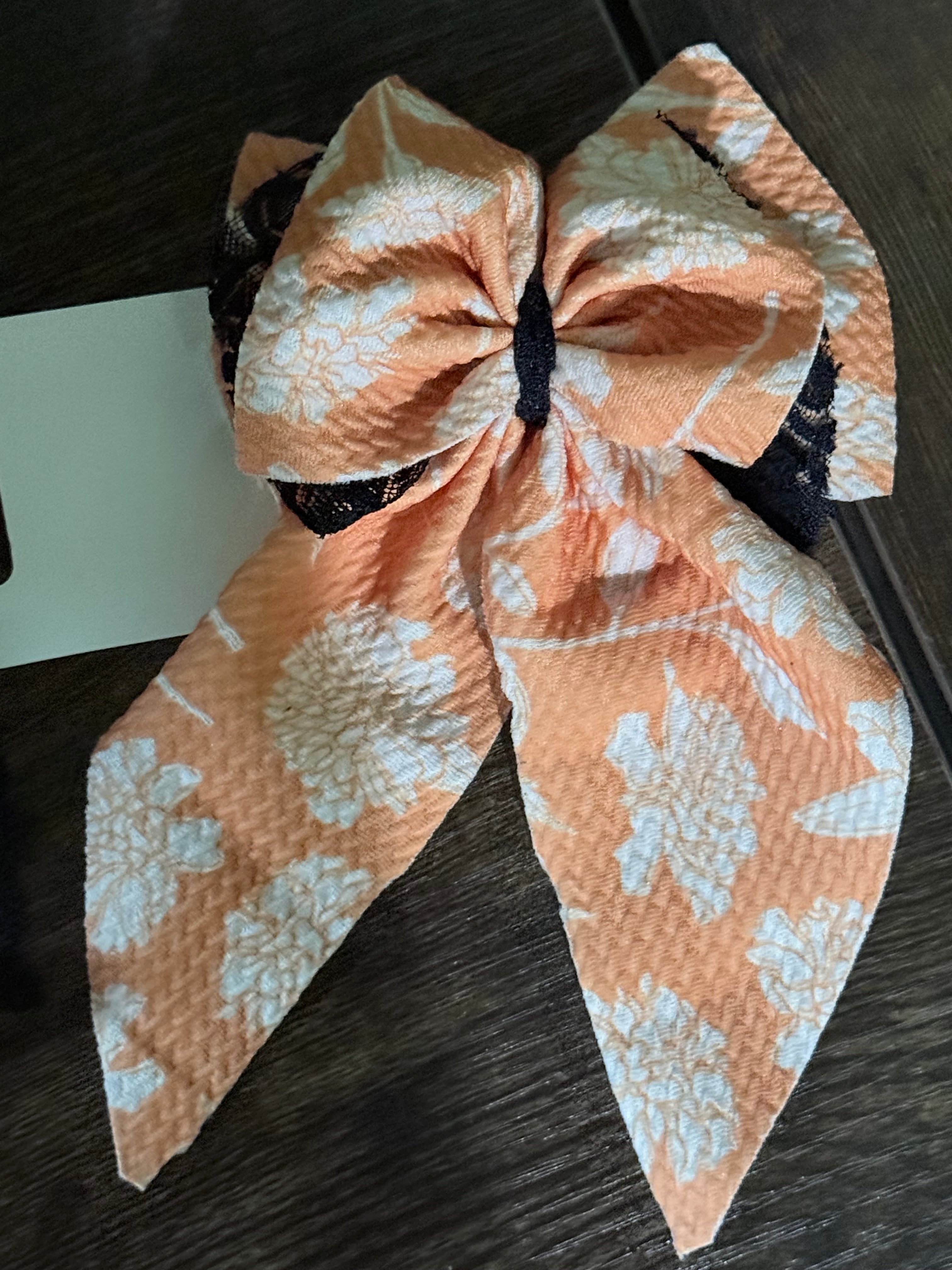 Large Orange and black lace sailor bow clip