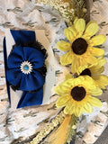 Blue and lace head wrap with center flower