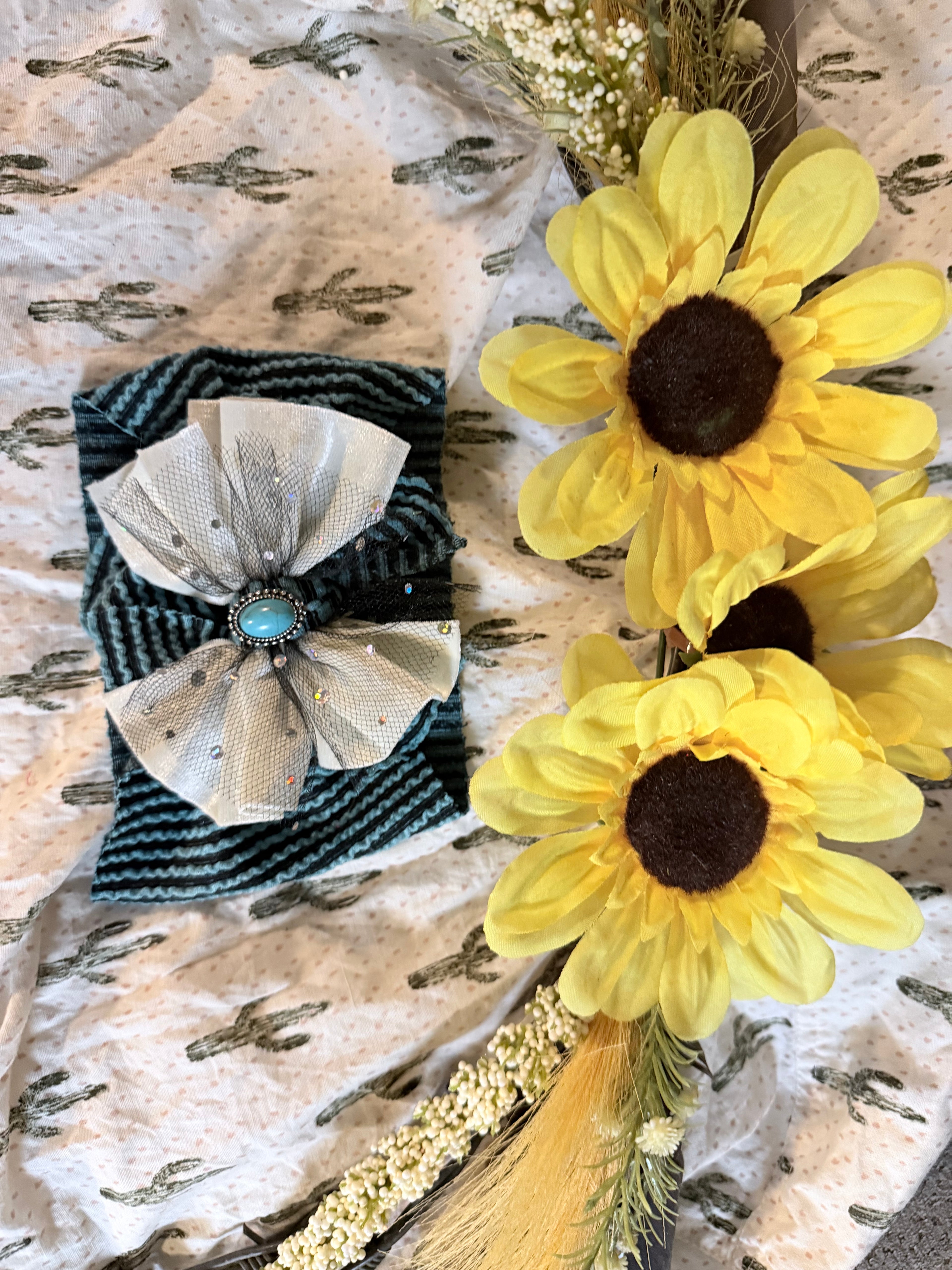 Blue and white with black lace with center stone head wrap