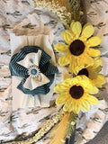 White head wrap with blue and center flower