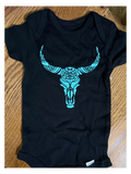 Short Sleeve Onsie - Aztec cow skull turquiose
