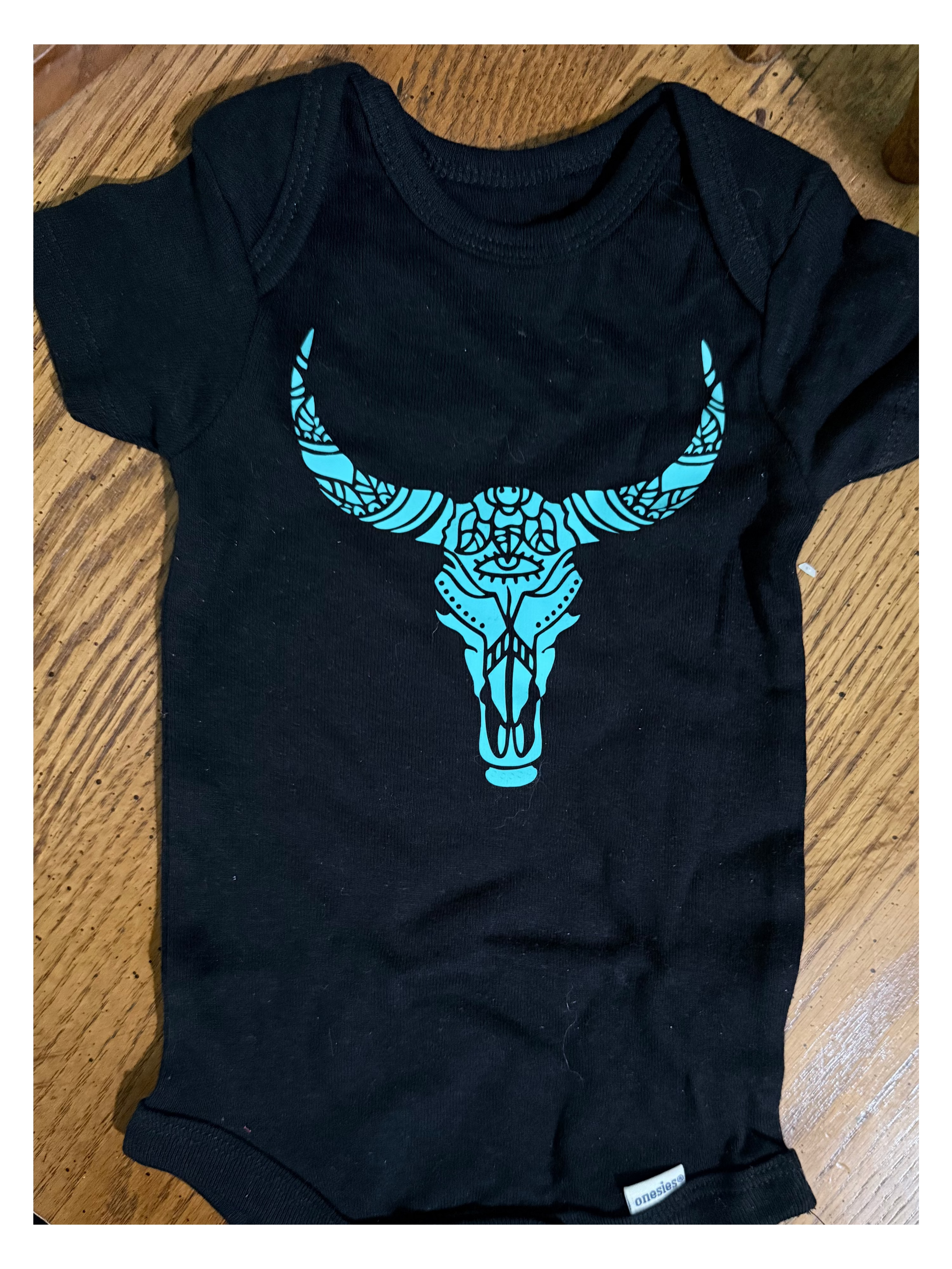 Short Sleeve Onsie - Aztec cow skull turquiose